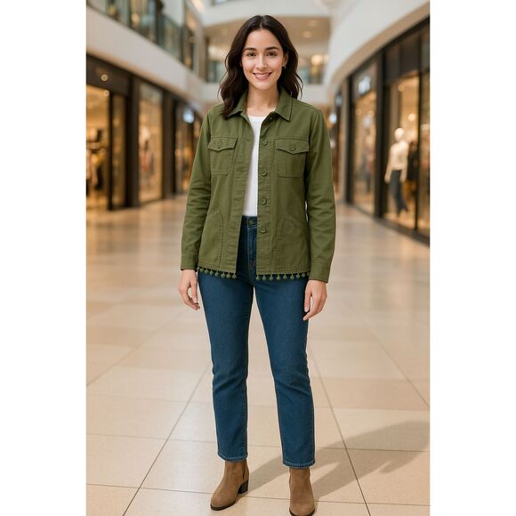 Talbots Utility Jacket Womens Small Petite Pom Pom Hemline Trim Green Button Up - Picture 1 of 5